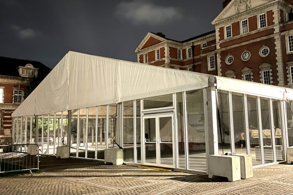 A temporary marquee with side glass panels