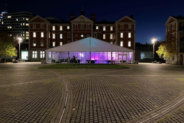 Marquee with glass sides at UAL, Chelsea Marquee with glass sides at University of the Arts, London. Marquee in Chelsea