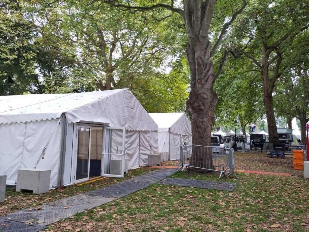 marquees being used as unit bases for TV companies
