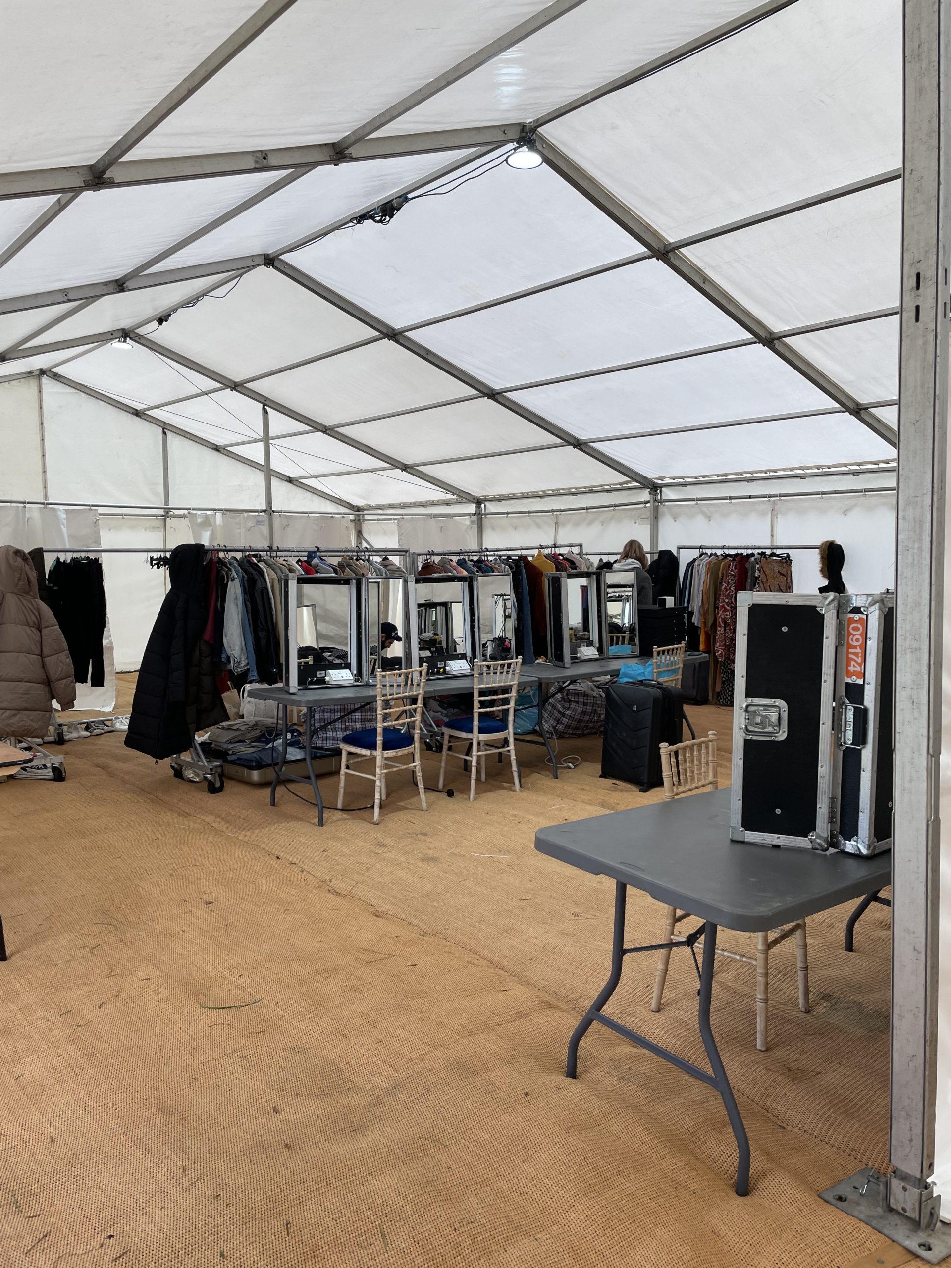 Costume and makeup area for on-location film set Marquee for TV & Film. This marquee was using for a costume and make up area for a photoshoot.