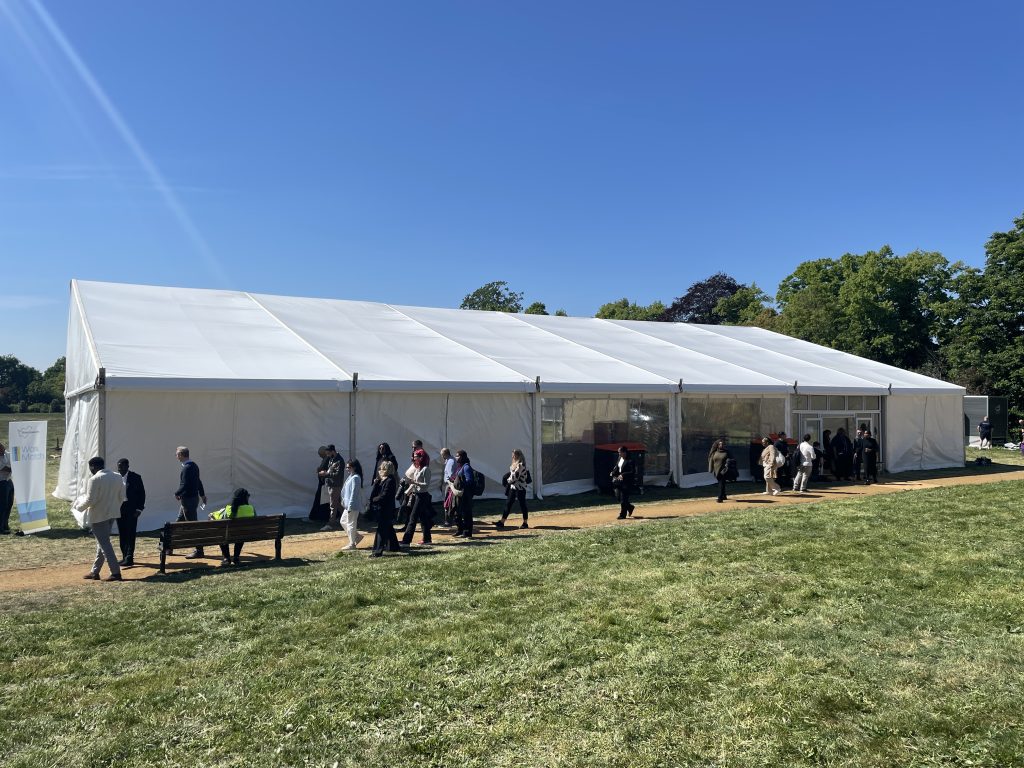 Large 20m wide marquee being used for a careers fair in Wandsworth, London